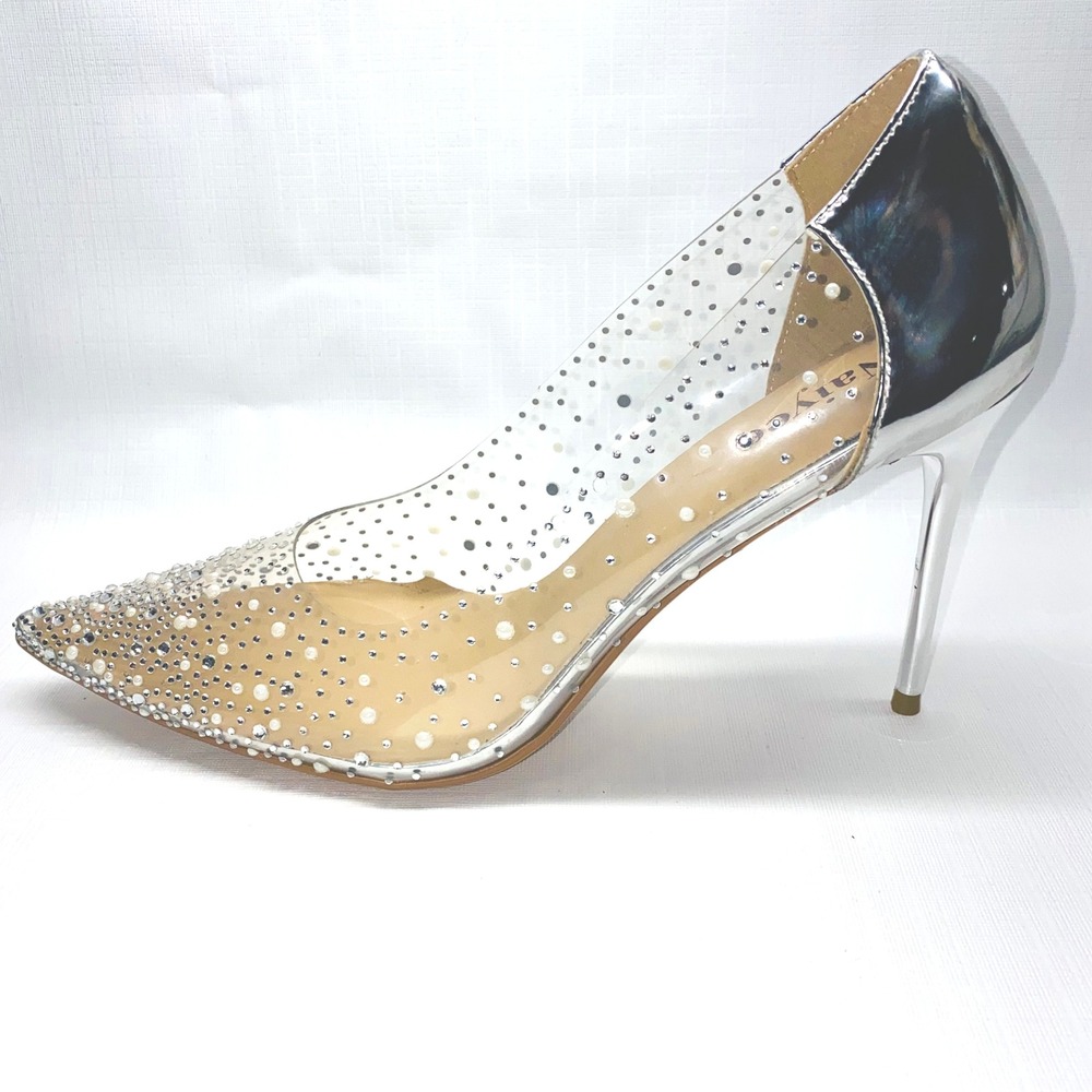 Naiyee Women's Rhinestone Clear Silver‎ Pointed Toe Stiletto Heels Pump Size 9